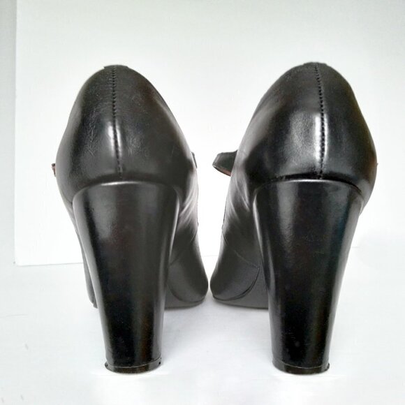 Crown Vintage Black Leather Ruffled T-Strap Baby Jane Heels Sz8 - Picture 4 of 9